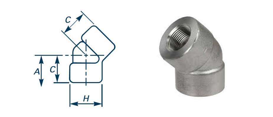Threaded Class 6000 45 Degree Elbow  Dimensions