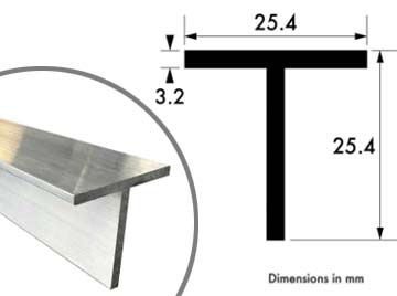 25.4mm x 25.4mm x 3.2mm Aluminium T-Profile