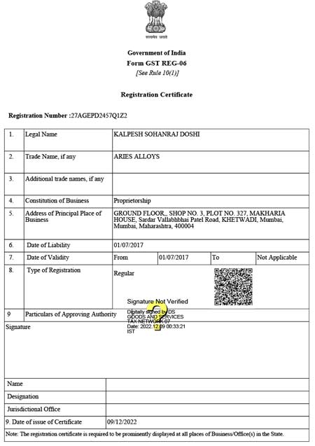 GST Certificate GST Certificate