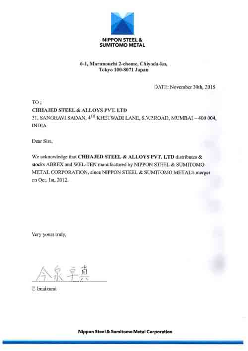 Authorized distributor of Nippon Steel & Sumitomo Metal in India