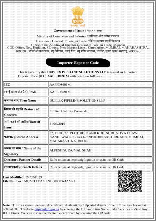 Certificate of Importer-Exporter