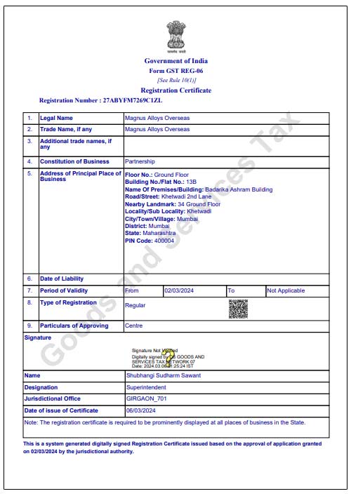 GST Registration Certificate
