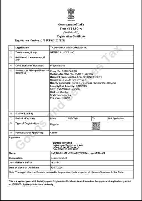 GST Certificate GST Certificate