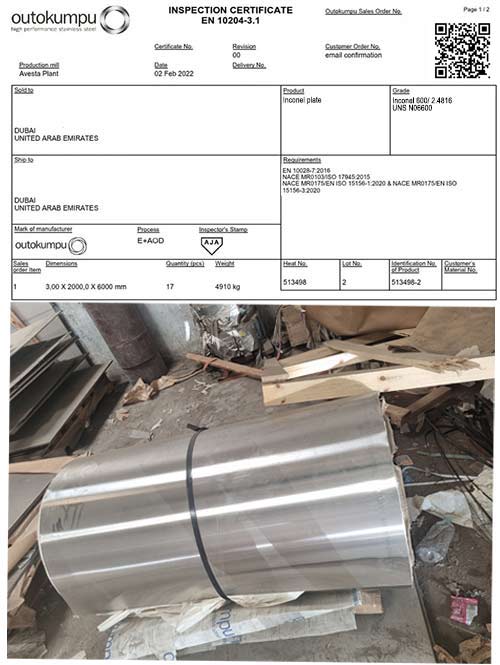 MTC EN 10204 / 3.1B sample of Inconel Plate