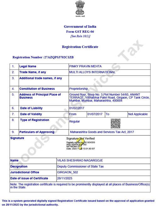 GST Certificate GST Certificate