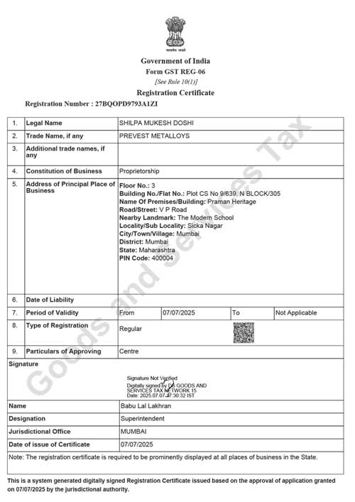 GST Certificate GST Certificate